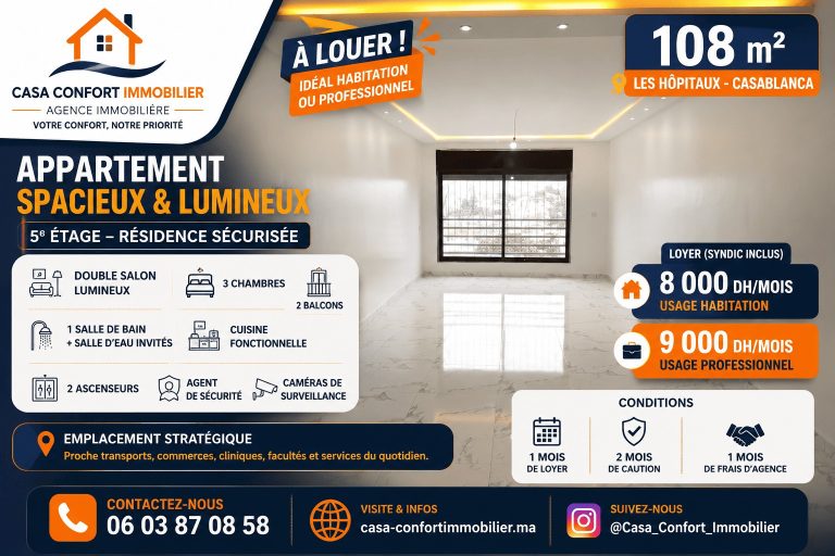Location longue durée appartement 108 m² – 3 chambres – Les Hôpitaux, Casablanca