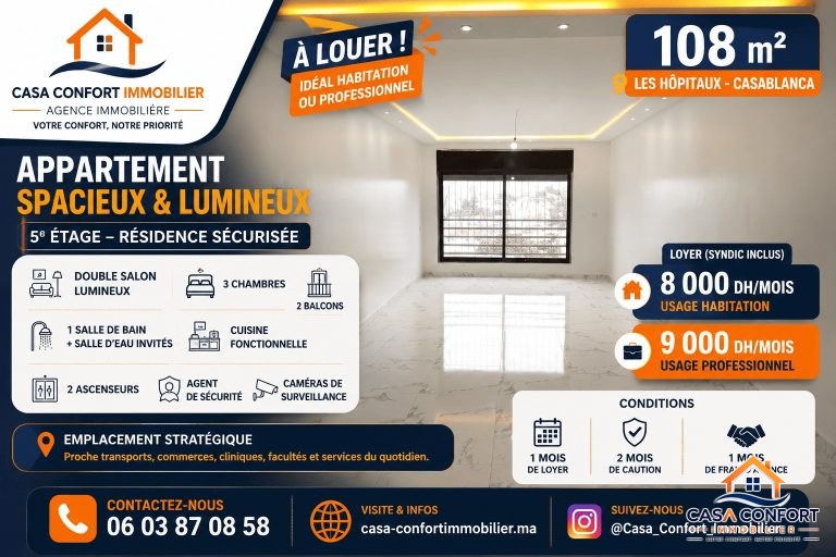 Location longue durée appartement 108 m² – 3 chambres – Les Hôpitaux, Casablanca